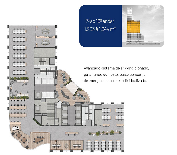 Planta do 10º andar com sugestão de layout para 130 posições