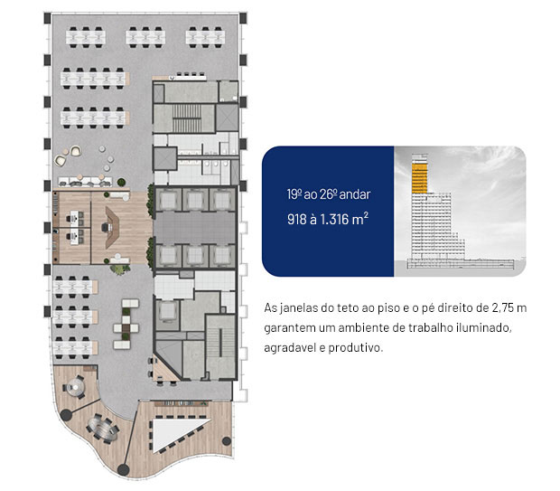 Planta do 21º andar com sugestão de layout para 60 posições